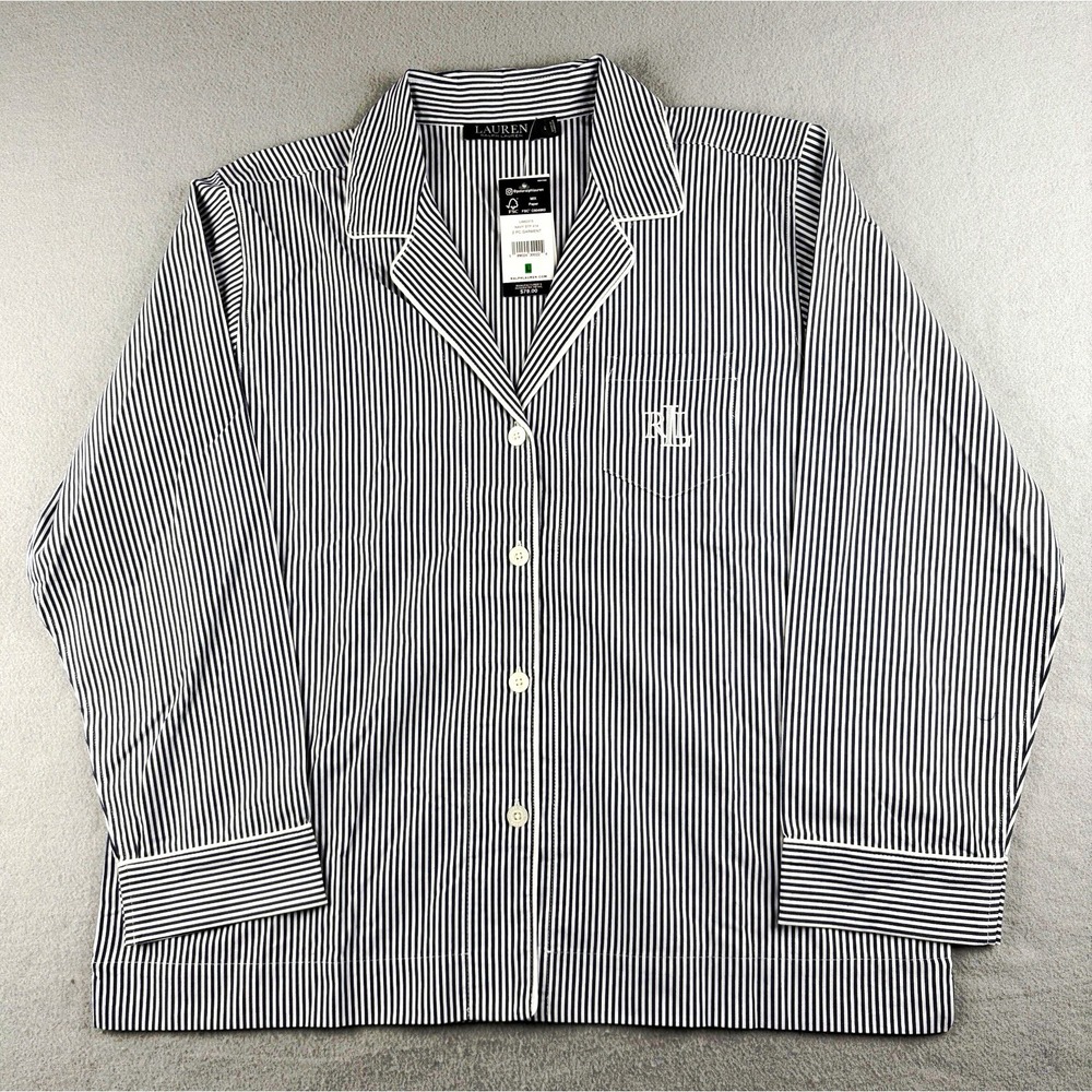Lauren Ralph Lauren Pajama Top Women L Navy White Stripe NWT Cotton Sleep Shirt